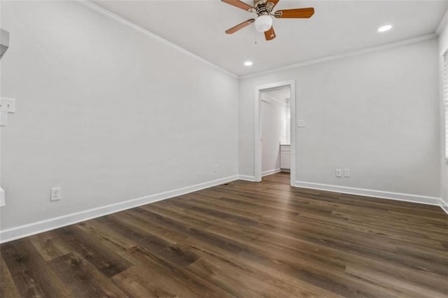 empty room with recessed lighting, crown molding, baseboards, ceiling fan, and dark wood-style flooring