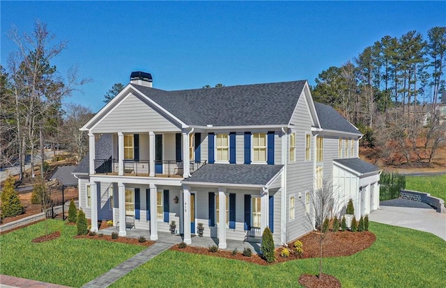 view of front of home with a front yard, a garage, a balcony, and a porch