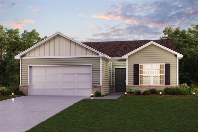 ranch-style home featuring brick siding, concrete driveway, an attached garage, a front yard, and a shingled roof
