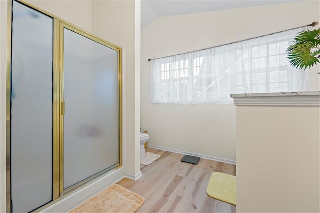 bathroom with hardwood / wood-style flooring, toilet, an enclosed shower, and lofted ceiling