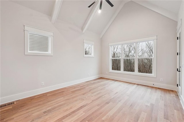 spare room featuring ceiling fan, high vaulted ceiling, beamed ceiling, and light wood-type flooring