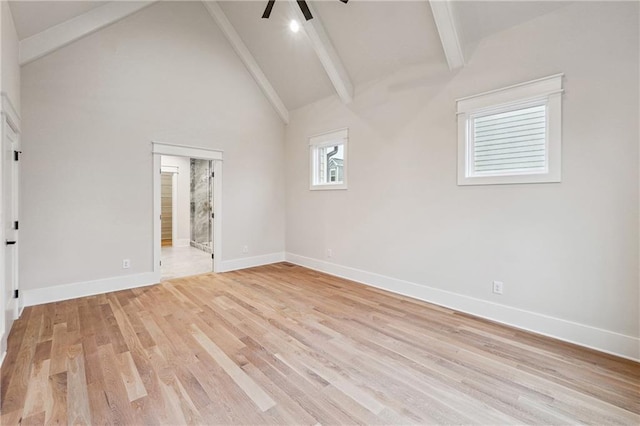 interior space featuring beamed ceiling, ceiling fan, high vaulted ceiling, and light hardwood / wood-style floors