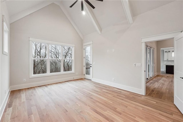 spare room featuring beam ceiling, ceiling fan, high vaulted ceiling, and light hardwood / wood-style floors