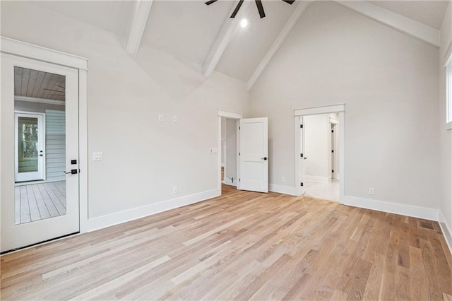 unfurnished room with high vaulted ceiling, beamed ceiling, and light wood-type flooring