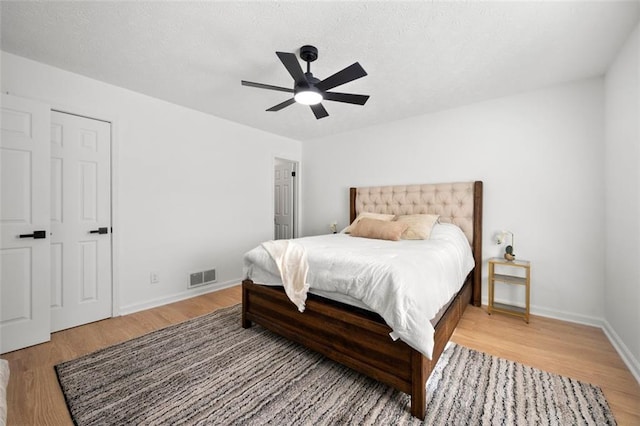 bedroom with ceiling fan and light hardwood / wood-style floors