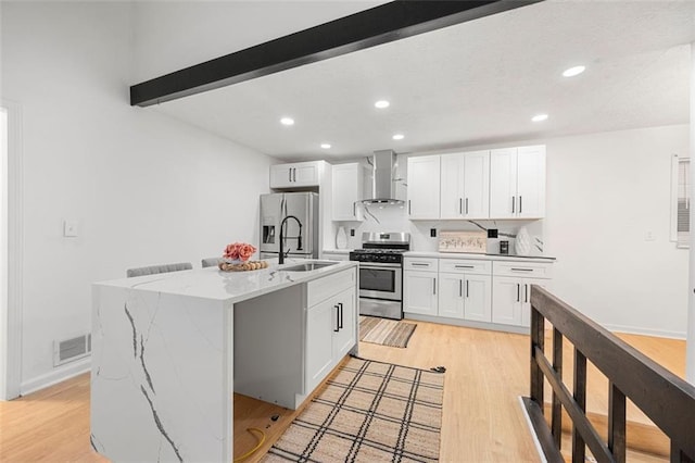 kitchen featuring appliances with stainless steel finishes, white cabinetry, an island with sink, sink, and wall chimney exhaust hood