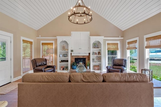 87 Washington Blvd, Dallas, GA 30132 - living area with high vaulted ceiling, a chandelier, dark wood-style floors, plenty of natural light, and wooden ceiling