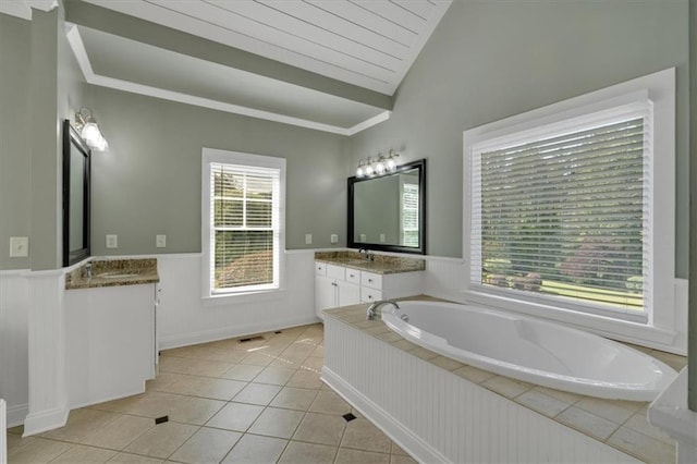 87 Washington Blvd, Dallas, GA 30132 - bathroom featuring a wainscoted wall, tile patterned flooring, healthy amount of natural light, a garden tub, and two vanities