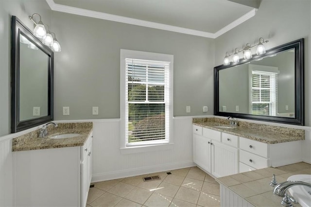 87 Washington Blvd, Dallas, GA 30132 - full bathroom featuring wainscoting, tile patterned floors, crown molding, and two vanities