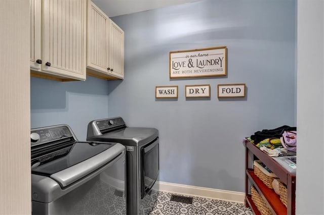 87 Washington Blvd, Dallas, GA 30132 - laundry area with cabinet space, washing machine and clothes dryer, baseboards, and tile patterned floors