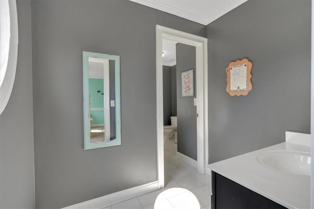 87 Washington Blvd, Dallas, GA 30132 - bathroom with toilet, ornamental molding, tile patterned flooring, vanity, and baseboards