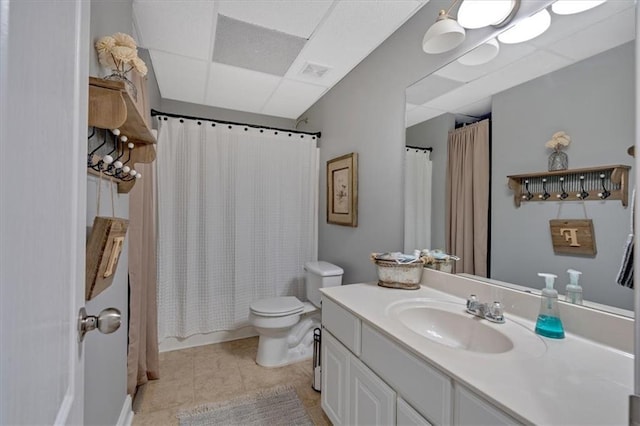87 Washington Blvd, Dallas, GA 30132 - bathroom featuring vanity, toilet, a drop ceiling, a shower with shower curtain, and tile patterned floors