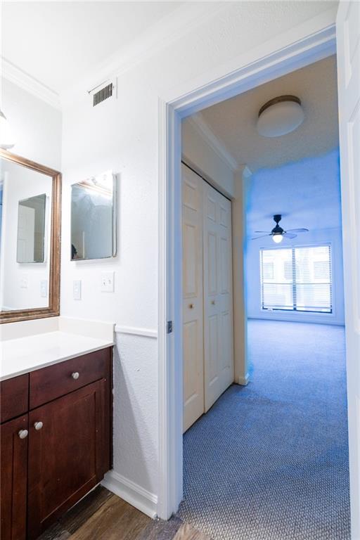 bathroom featuring vanity, ceiling fan, and ornamental molding