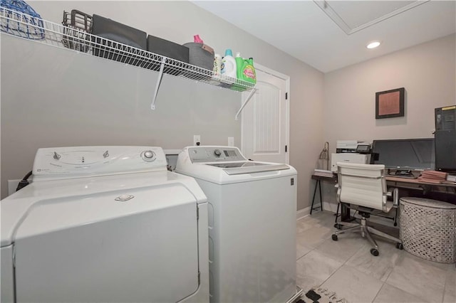clothes washing area with baseboards, laundry area, recessed lighting, and washer and clothes dryer