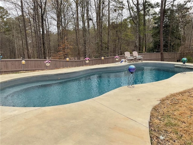 view of swimming pool featuring a fenced backyard, a fenced in pool, and a patio