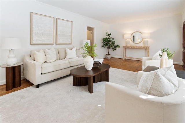 living room with ornamental molding and wood-type flooring