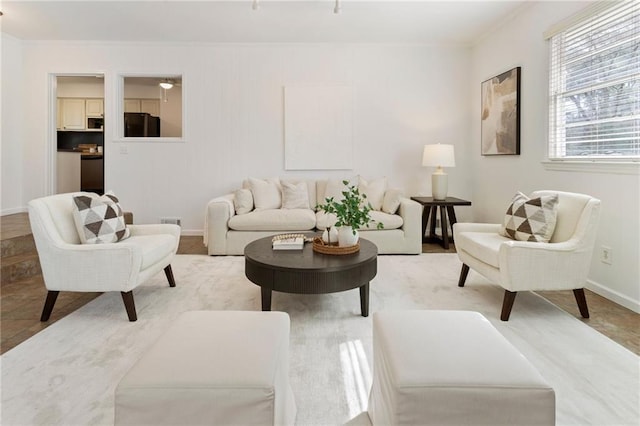 living room with crown molding