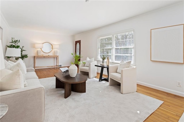 living room with crown molding and hardwood / wood-style floors