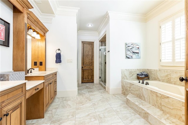 5352 Lacosta Ln, Alpharetta, GA 30022 - full bath featuring vanity, a stall shower, a bath, baseboards, and ornamental molding