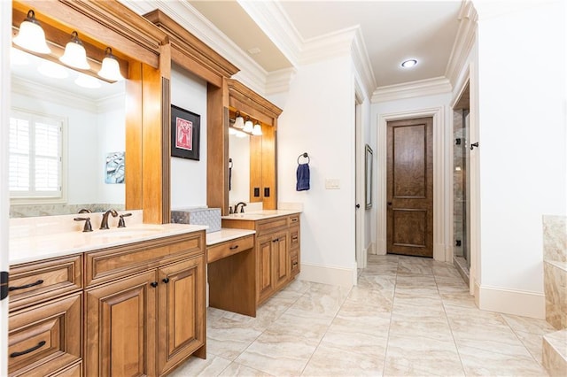 5352 Lacosta Ln, Alpharetta, GA 30022 - bathroom featuring vanity, ornamental molding, marble finish flooring, baseboards, and a shower stall