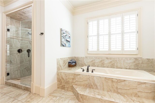 5352 Lacosta Ln, Alpharetta, GA 30022 - full bath with a garden tub, marble finish floors, a shower stall, baseboards, and crown molding