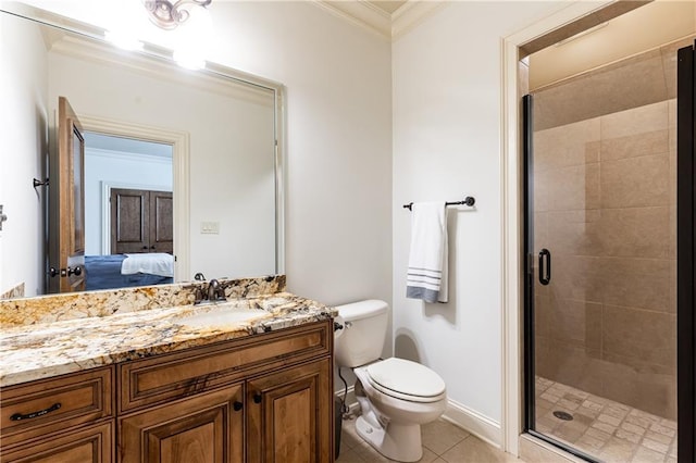 5352 Lacosta Ln, Alpharetta, GA 30022 - ensuite bathroom featuring vanity, crown molding, toilet, a stall shower, and tile patterned floors