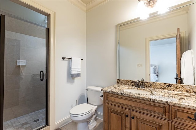 5352 Lacosta Ln, Alpharetta, GA 30022 - bathroom featuring crown molding, vanity, a shower stall, ensuite bath, and toilet