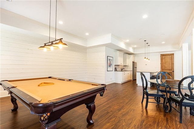 5352 Lacosta Ln, Alpharetta, GA 30022 - playroom featuring dark wood-style floors, crown molding, billiards table, wood walls, and recessed lighting