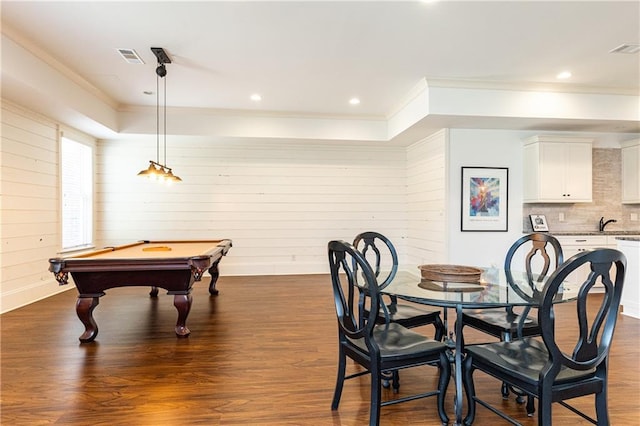 5352 Lacosta Ln, Alpharetta, GA 30022 - dining room with crown molding, dark wood-style flooring, and pool table