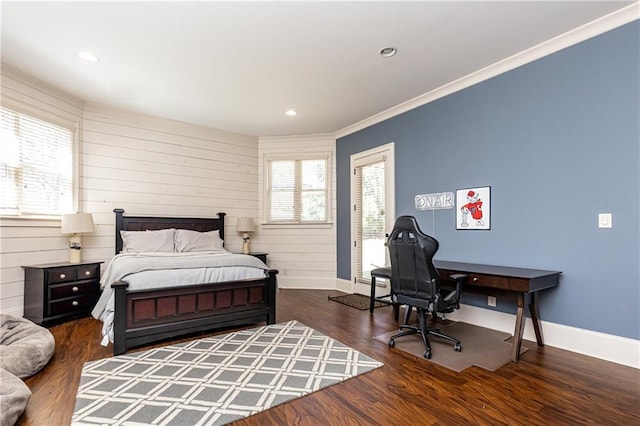 5352 Lacosta Ln, Alpharetta, GA 30022 - bedroom with wood finished floors, baseboards, recessed lighting, ornamental molding, and wood walls