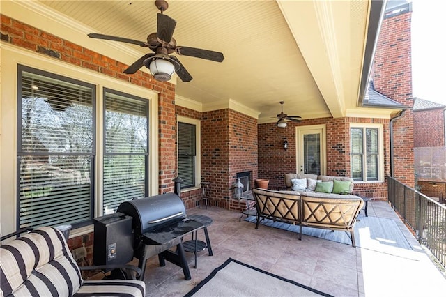 5352 Lacosta Ln, Alpharetta, GA 30022 - view of patio / terrace featuring a ceiling fan, an outdoor living space, and grilling area