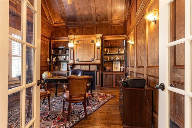5352 Lacosta Ln, Alpharetta, GA 30022 - office space with french doors, wood ceiling, wooden walls, dark wood-style floors, and a decorative wall