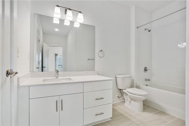 full bathroom featuring bathtub / shower combination, vanity, and toilet