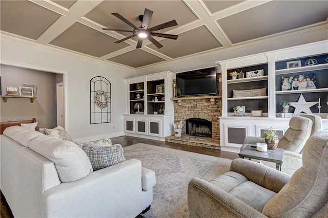 living room with coffered ceiling, ceiling fan, and wood finished floors