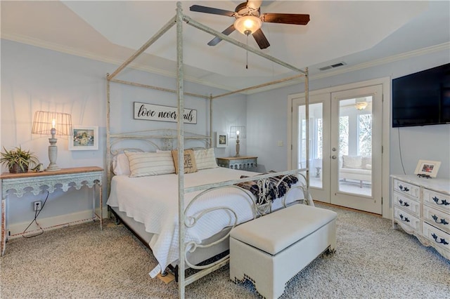 bedroom featuring visible vents, a ceiling fan, access to outside, crown molding, and french doors