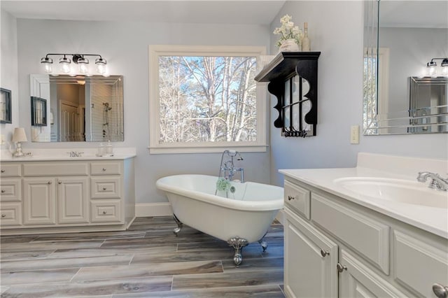 bathroom with a soaking tub, baseboards, a sink, and wood finished floors