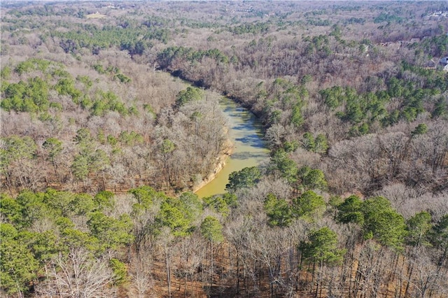 drone / aerial view with a water view and a forest view