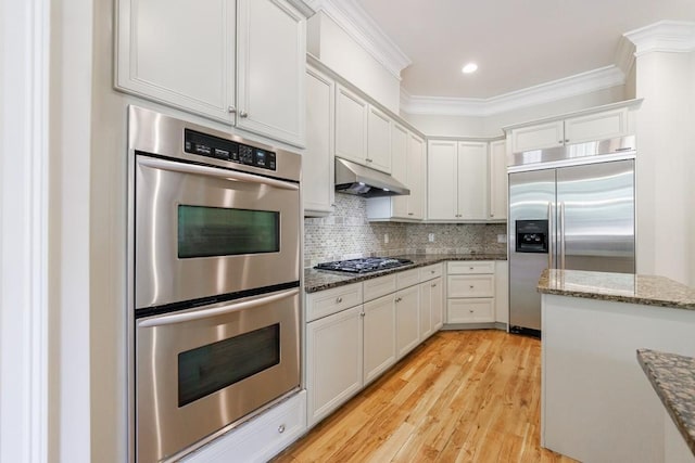 kitchen featuring stainless steel appliances, dark stone countertops, light wood-type flooring, backsplash, and under cabinet range hood