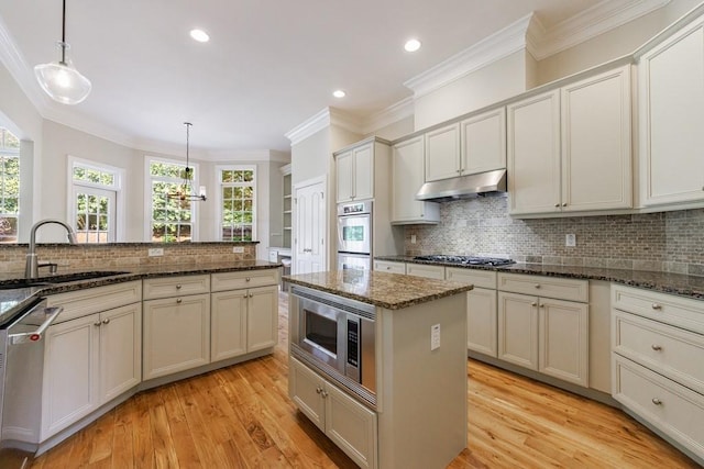 kitchen with under cabinet range hood, tasteful backsplash, stainless steel appliances, and a sink