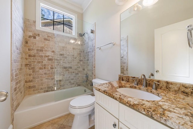 full bath featuring toilet, shower / bathing tub combination, tile patterned flooring, vanity, and ornamental molding