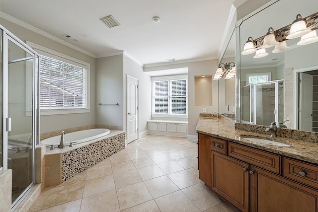 bathroom with a garden tub, ornamental molding, visible vents, and a stall shower
