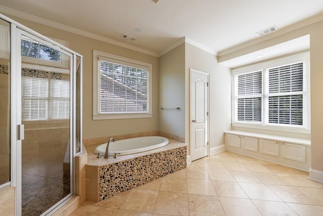 full bath featuring a bath, ornamental molding, visible vents, and a stall shower