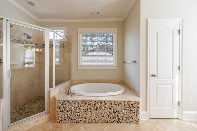 bathroom featuring tile patterned floors, a garden tub, visible vents, and a shower stall