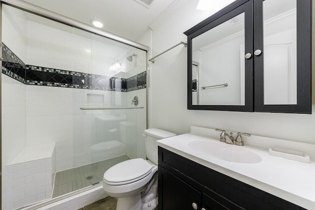 bathroom featuring a shower stall, visible vents, toilet, and vanity