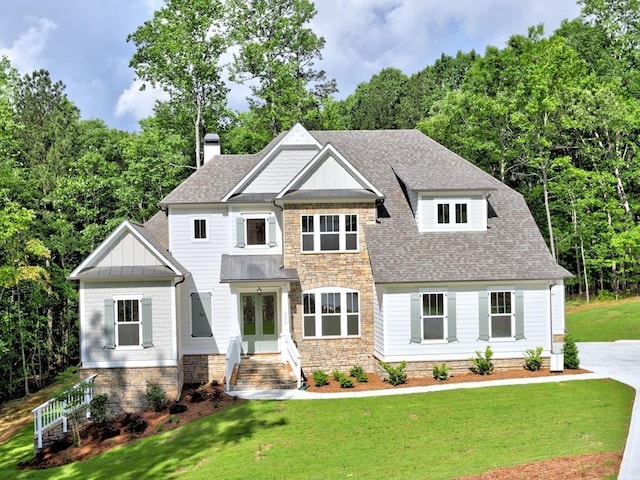3730 Reserve Overlook Way, Cumming, GA 30041 - craftsman house with a front lawn, roof with shingles, a chimney, and stone siding