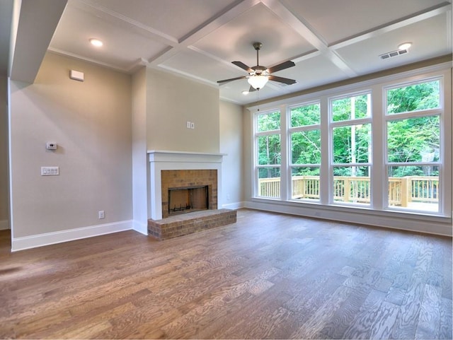 3730 Reserve Overlook Way, Cumming, GA 30041 - unfurnished living room featuring baseboards, ceiling fan, wood finished floors, coffered ceiling, and beam ceiling