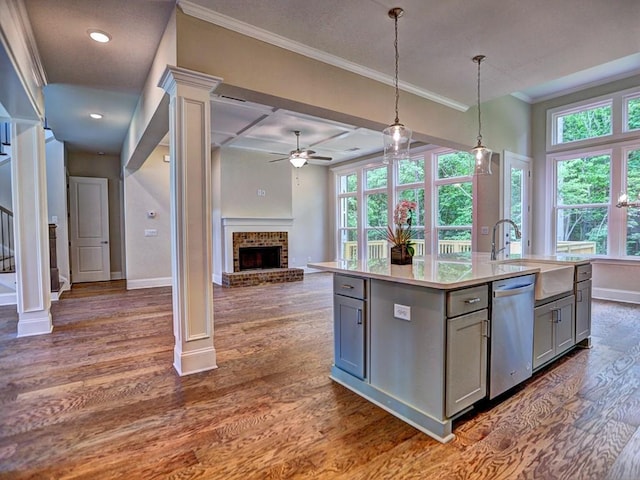 3730 Reserve Overlook Way, Cumming, GA 30041 - kitchen featuring stainless steel dishwasher, gray cabinetry, ceiling fan, crown molding, and a fireplace