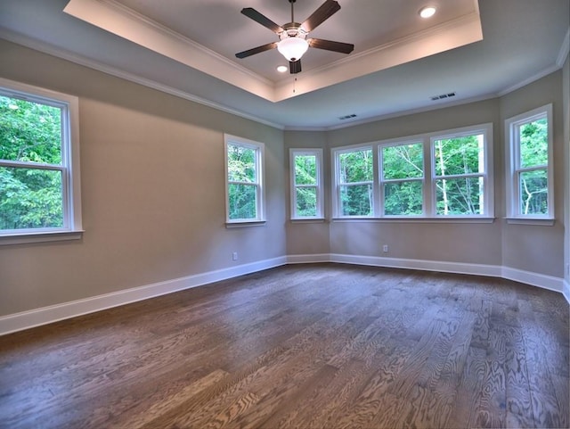 3730 Reserve Overlook Way, Cumming, GA 30041 - unfurnished room with a tray ceiling, dark wood-style floors, crown molding, ceiling fan, and baseboards