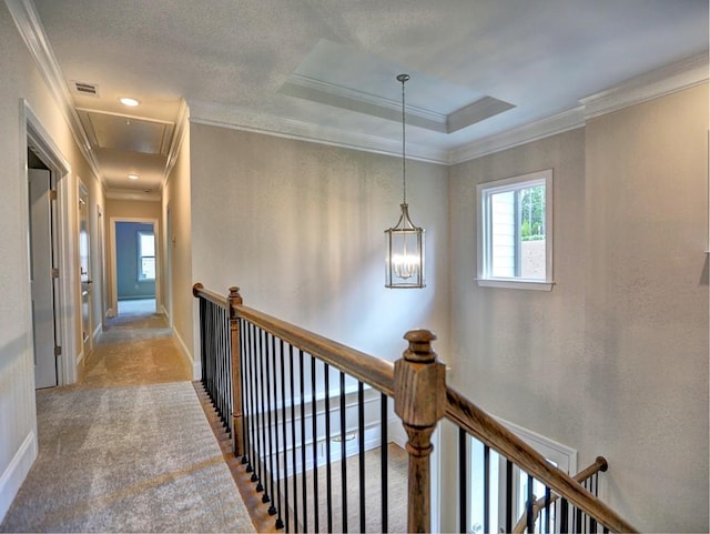 3730 Reserve Overlook Way, Cumming, GA 30041 - hallway with an upstairs landing, attic access, healthy amount of natural light, crown molding, and carpet floors