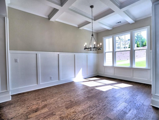 3730 Reserve Overlook Way, Cumming, GA 30041 - unfurnished dining area featuring a decorative wall, dark wood-style floors, coffered ceiling, beamed ceiling, and a chandelier